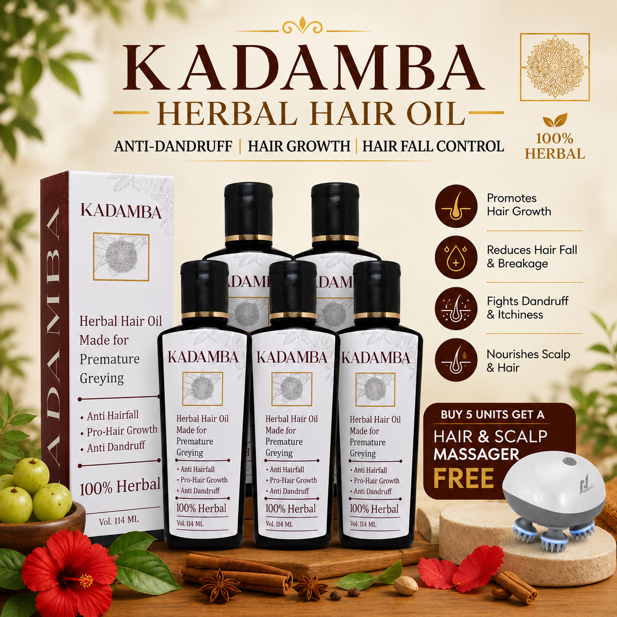 Buy 5 Kadamba Hair Oil  Get a Free  Hair & Scalp Massager