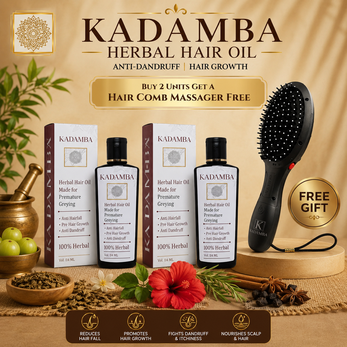 Buy 2 Kadamba Hair Oil Get a Hair Comb Massager Free